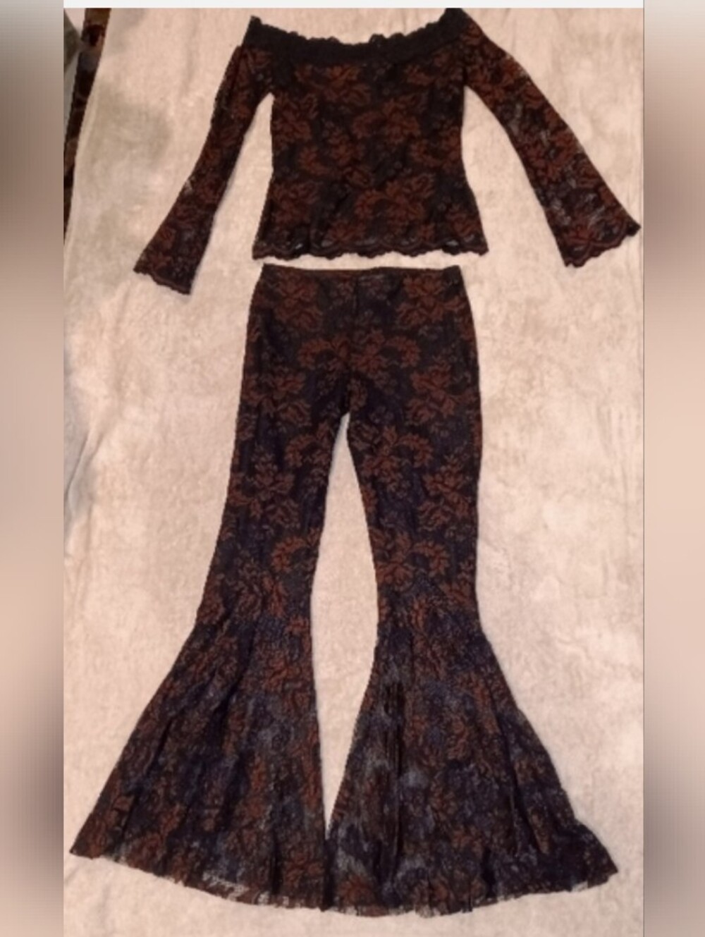 Vintage Casadei Set  Black  Brown Lace Off-Shoulder Top & Flared Pants Sz S - Picture 15 of 15